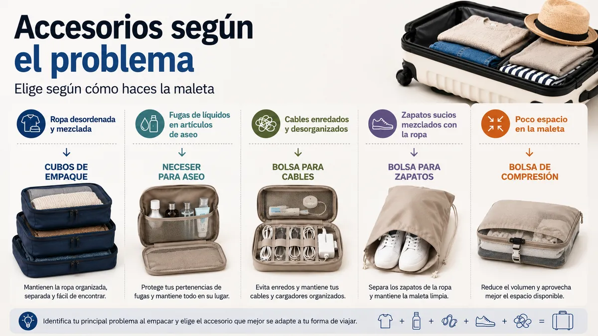 Accesorios para organizar el equipaje agrupados por problemas habituales al hacer la maleta