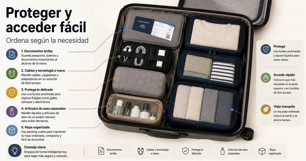 Accesorios para organizar el equipaje colocados para proteger mejor y acceder con facilidad