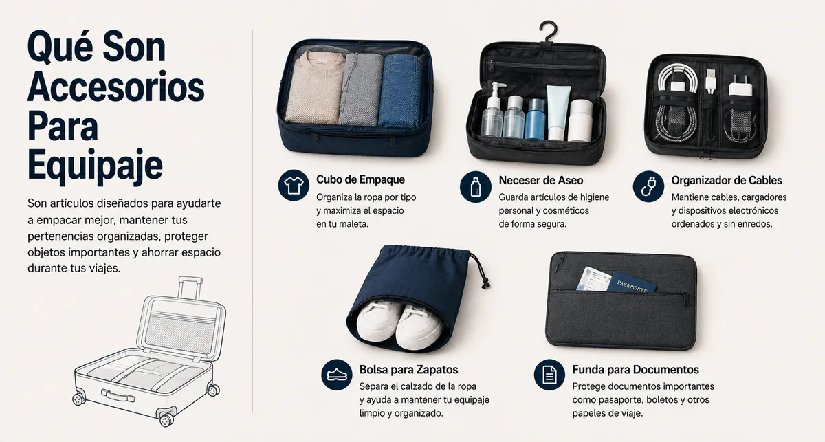 Accesorios básicos para organizar el equipaje distribuidos según su uso