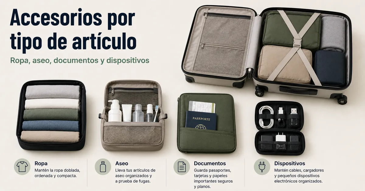 Accesorios para organizar el equipaje separados para ropa aseo documentos y dispositivos