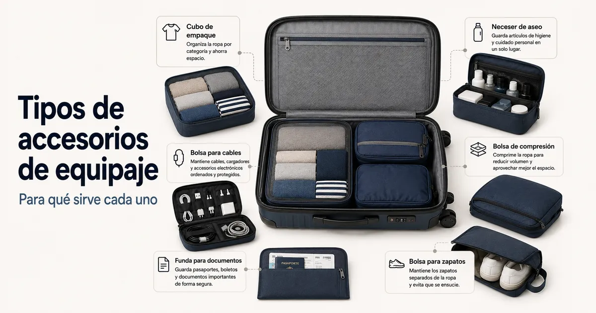 Distintos tipos de accesorios para organizar el equipaje mostrados juntos