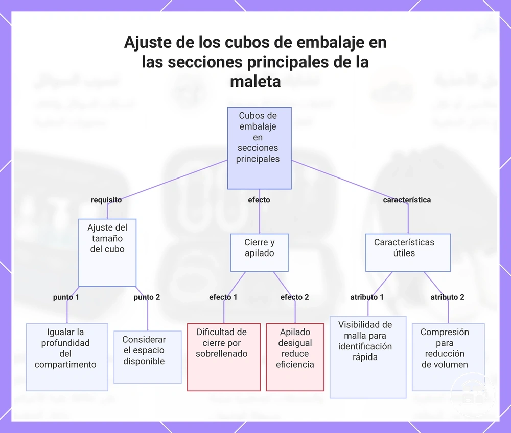 Ajuste de los cubos de embalaje en las secciones principales de la maleta