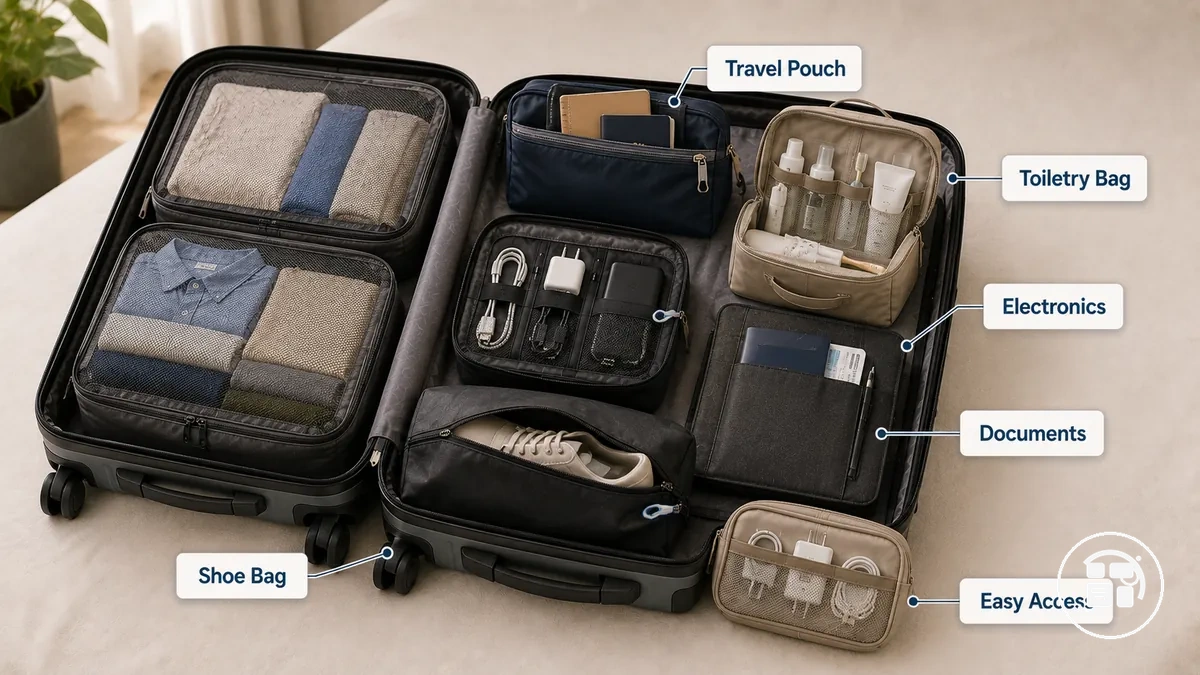 Bolsas de viaje, neceser y organizadores de accesorios colocados junto a cubos de embalaje