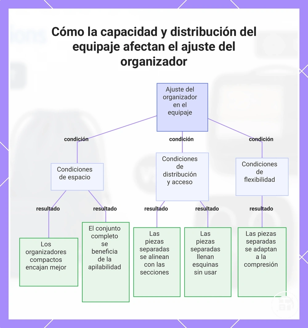 Cómo la capacidad y distribución del equipaje afectan el ajuste del organizador