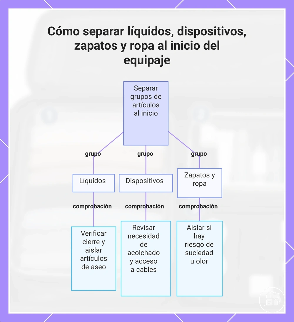 Cómo separar líquidos, dispositivos, zapatos y ropa al inicio del equipaje