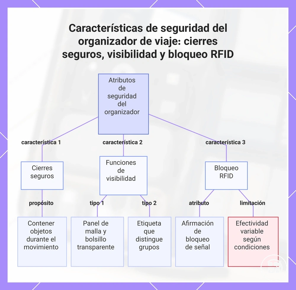 Características de seguridad del organizador de viaje: cierres seguros, visibilidad y bloqueo RFID