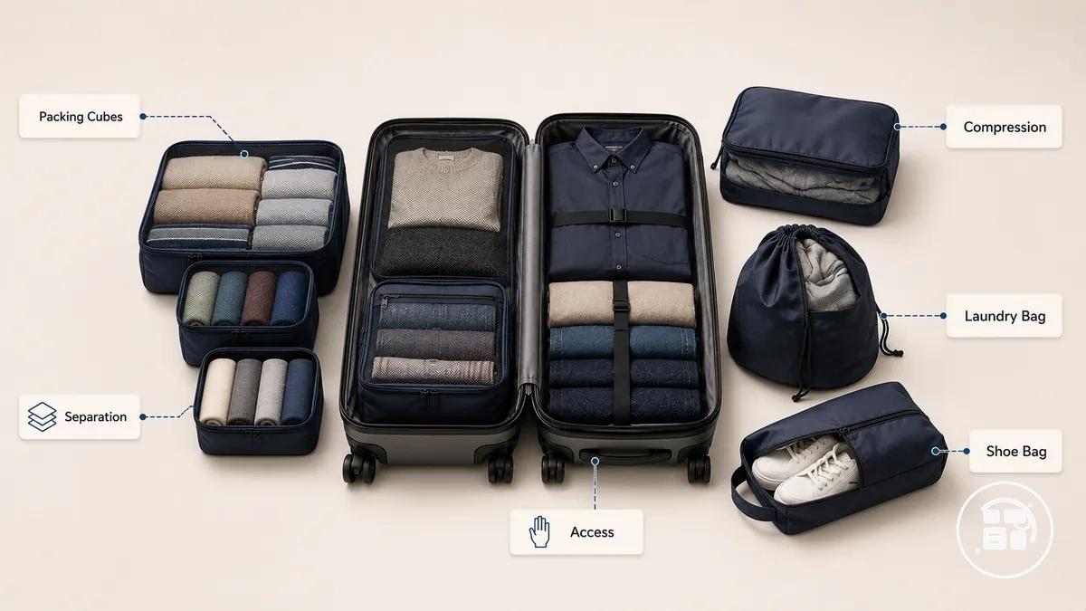 Organizadores de ropa y maletas que incluyen cubos de empaque, bolsa de lavandería y bolsa para zapatos