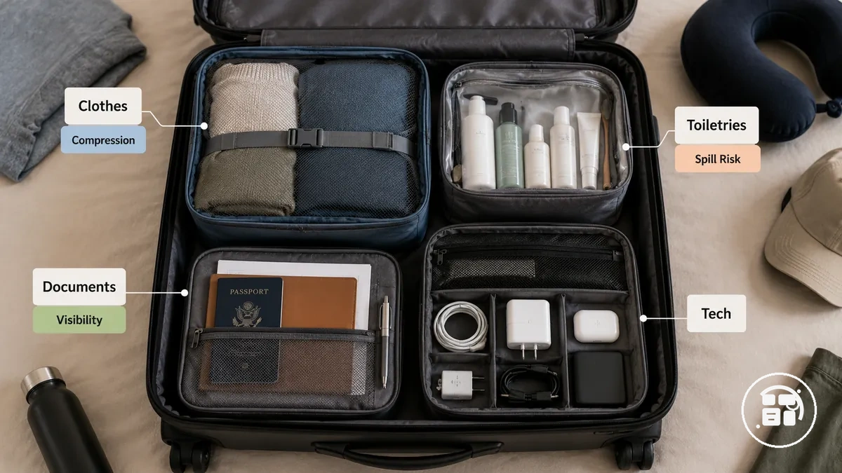 ropa artículos de aseo documentos y tecnología separados en organizadores de viaje