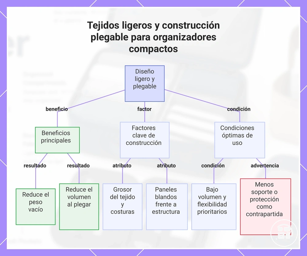 Tejidos ligeros y construcción plegable para organizadores compactos