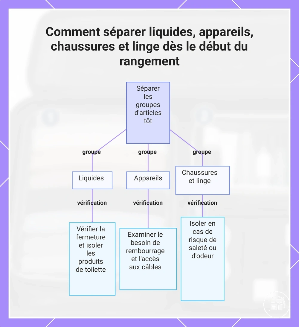 Comment séparer liquides, appareils, chaussures et linge dès le début du rangement
