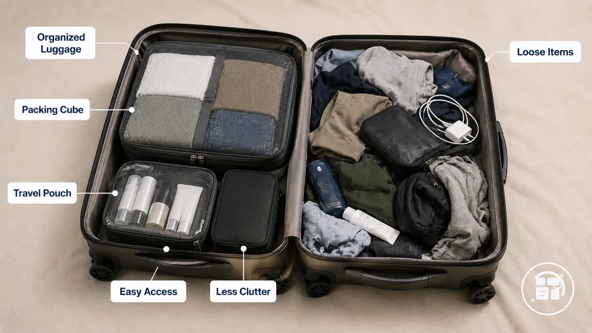 Comparaison entre bagages organisés et affaires en vrac avec accès amélioré