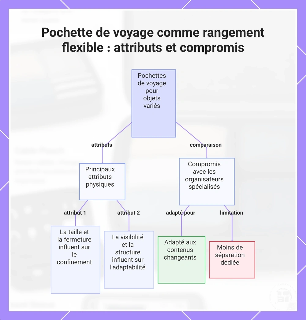 Pochette de voyage comme rangement flexible : attributs et compromis