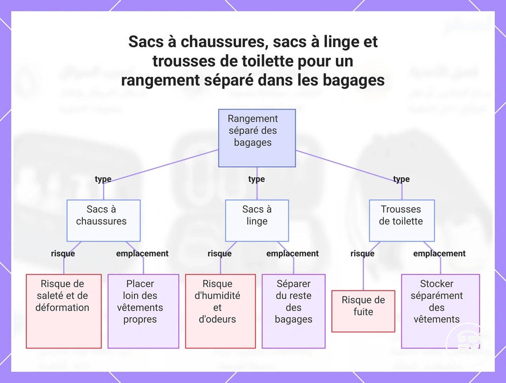 Sacs à chaussures, sacs à linge et trousses de toilette pour un rangement séparé dans les bagages