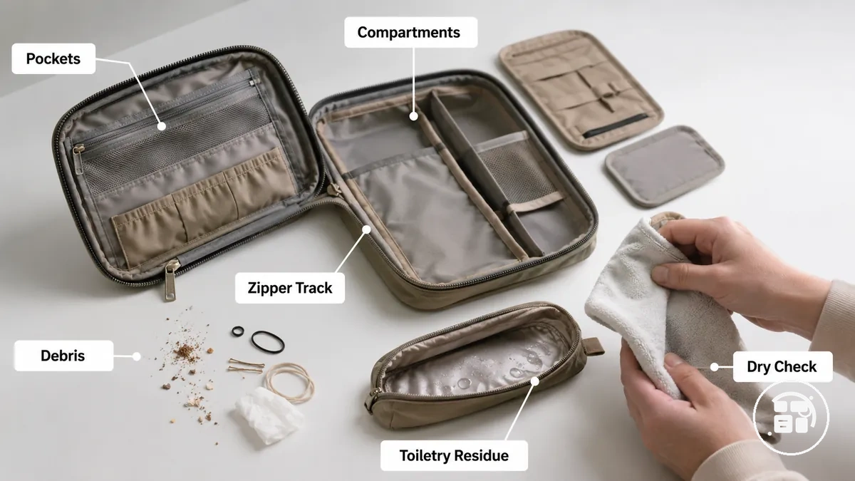 Compartiments d'organiseur de voyage vidés et vérifiés pour les résidus de produits de toilette avant le nettoyage