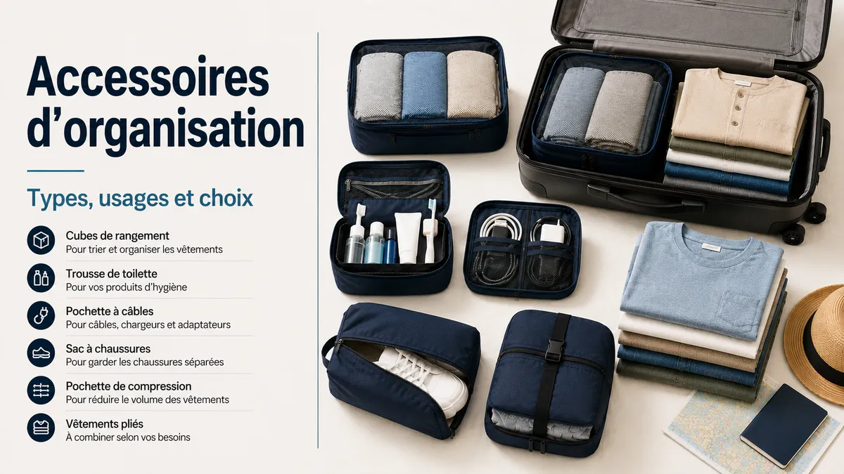 Accessoires d’organisation de voyage disposés pour préparer et comparer les bagages