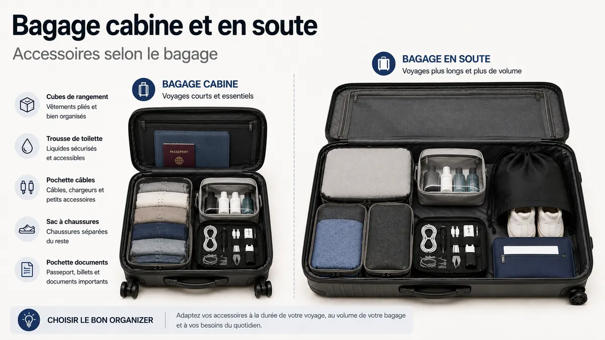 Accessoires d’organisation de voyage placés dans un bagage cabine et un bagage en soute