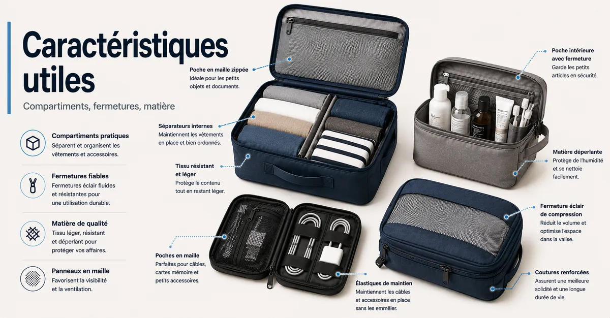 Accessoires d’organisation de voyage montrant compartiments fermetures éclair et détails de matière