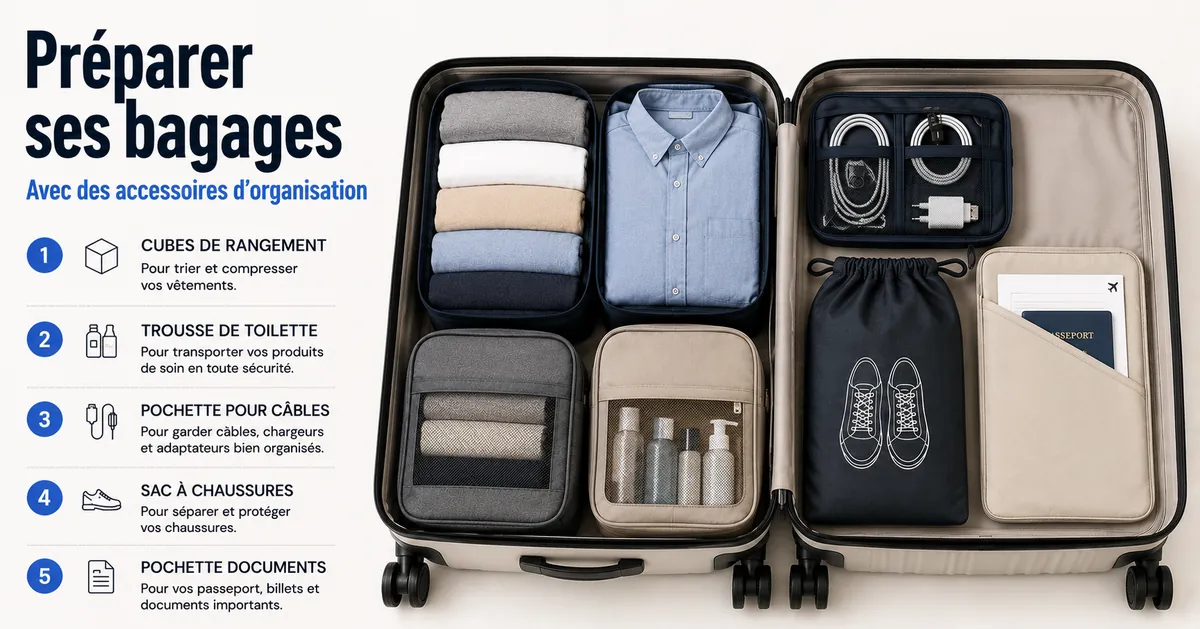 Accessoires d’organisation de voyage disposés dans un bagage bien rangé