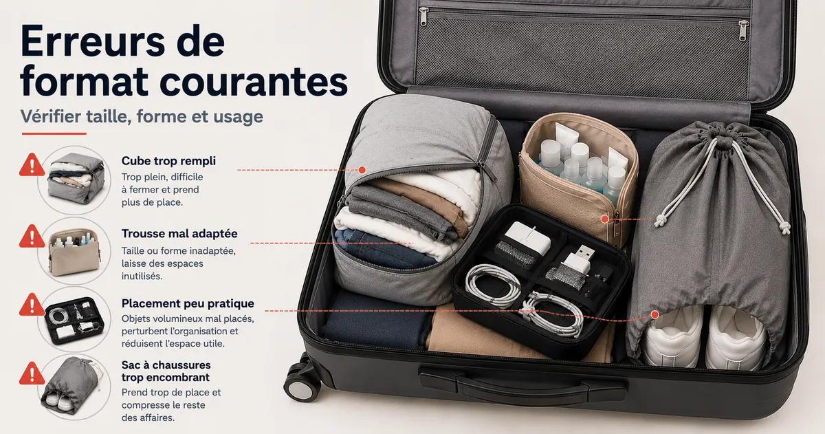 Accessoires d’organisation de voyage montrant des problèmes courants de format au rangement