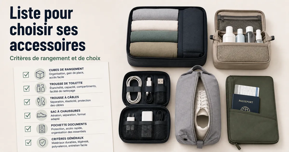 Liste de contrôle pour accessoires d’organisation de voyage avec critères de rangement et de choix