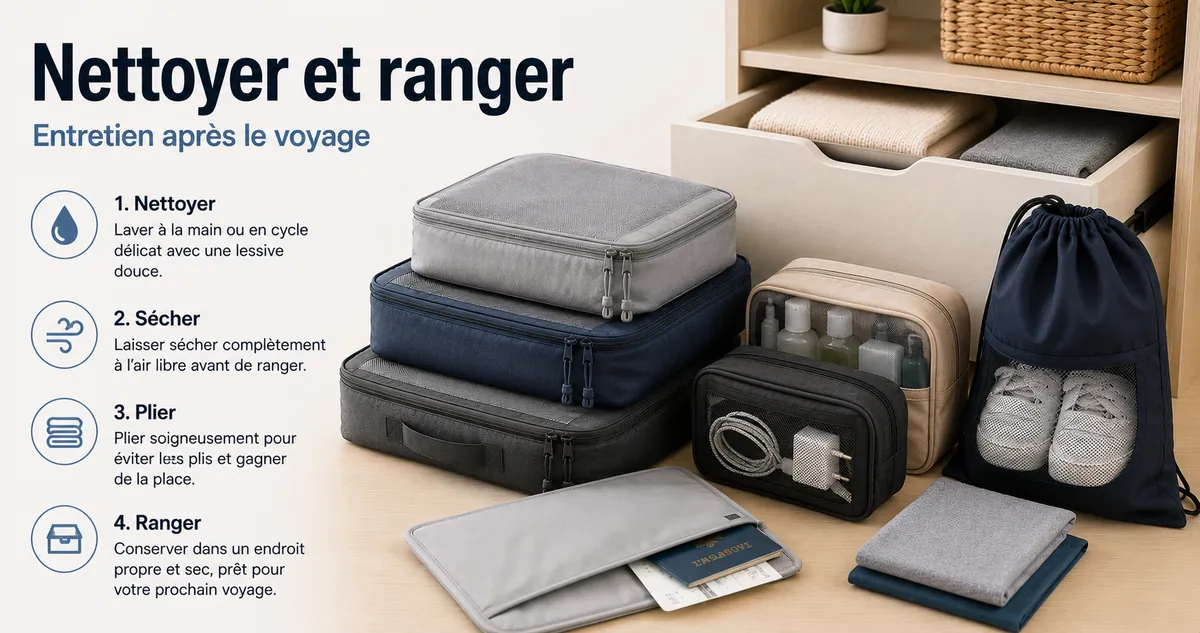 Accessoires d’organisation de voyage propres et rangés après usage