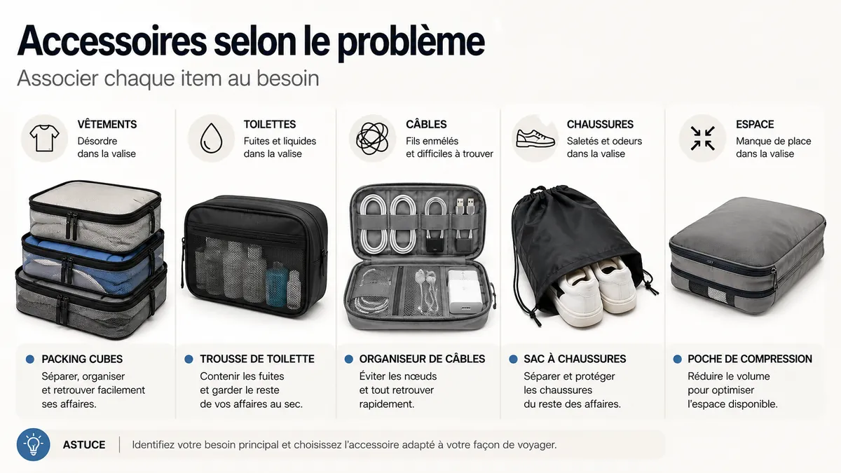 Accessoires d’organisation de voyage regroupés par problèmes courants de rangement