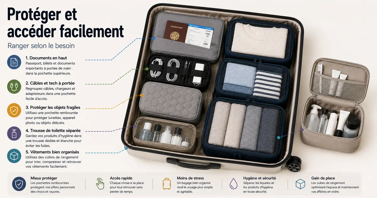 Accessoires d’organisation de voyage disposés pour mieux protéger les affaires et rendre l’accès plus simple