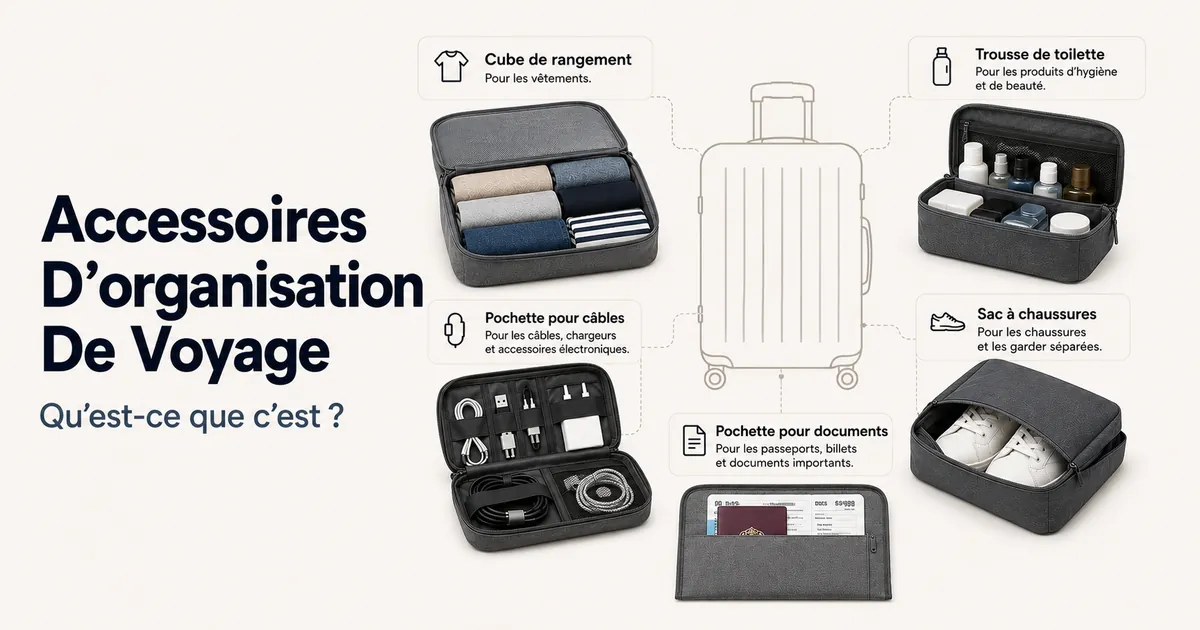 Accessoires d’organisation de voyage de base disposés par usage