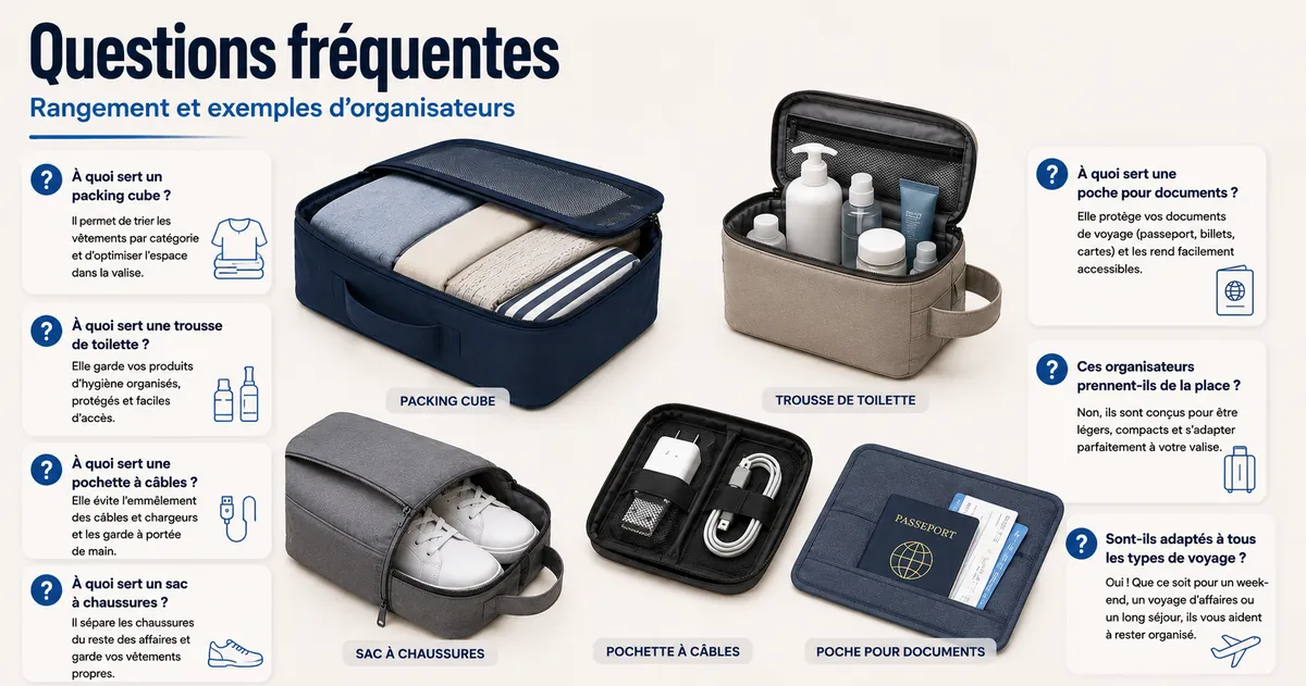 Accessoires d’organisation de voyage avec questions courantes de rangement et exemples d’organisateurs