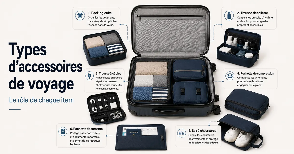 Différents types d’accessoires d’organisation de voyage présentés ensemble