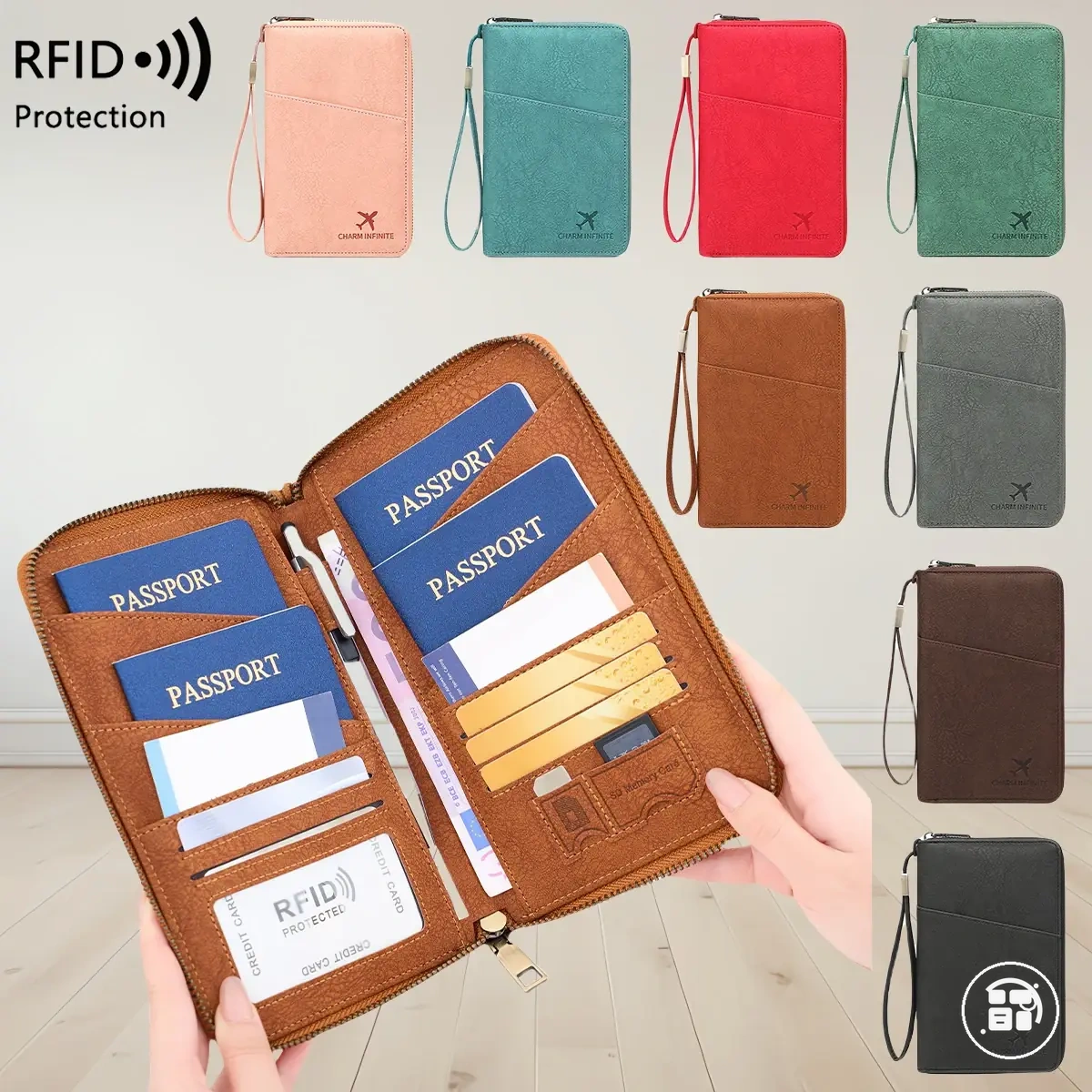 Carteira RFID para passaporte e documentos com zíper para bilhetes