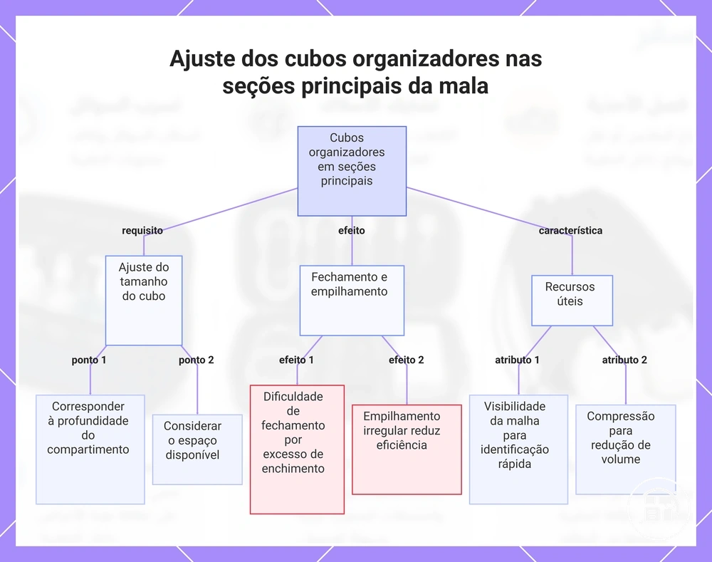 Ajuste dos cubos organizadores nas seções principais da mala