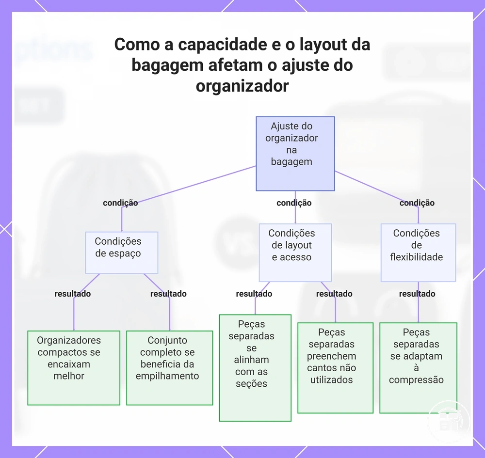Como a capacidade e o layout da bagagem afetam o ajuste do organizador