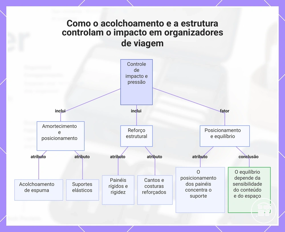 Como o acolchoamento e a estrutura controlam o impacto em organizadores de viagem