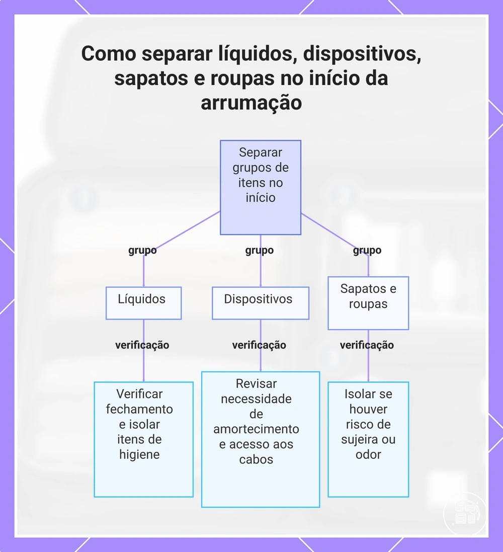 Como separar líquidos, dispositivos, sapatos e roupas no início da arrumação