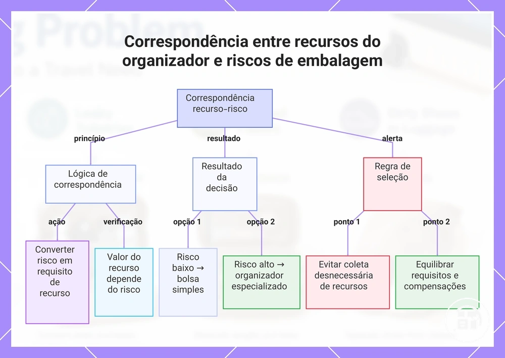 Correspondência entre recursos do organizador e riscos de embalagem
