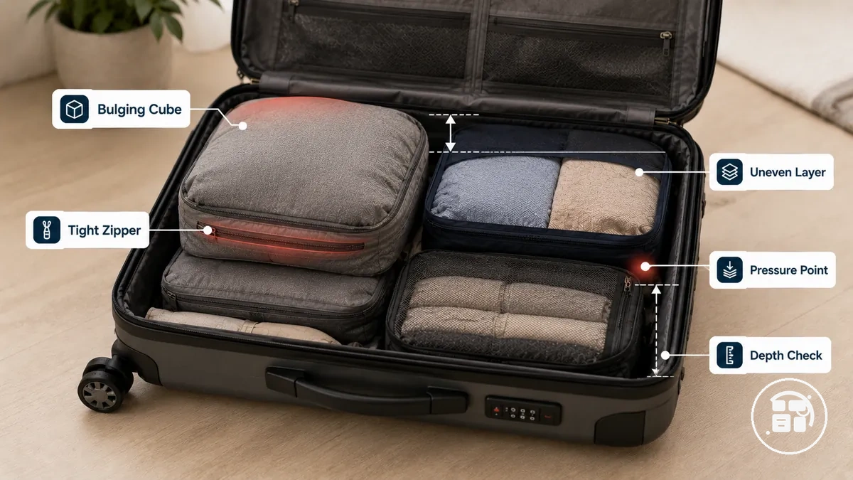 Cubos salientes e zíperes apertados criando camadas irregulares na mala