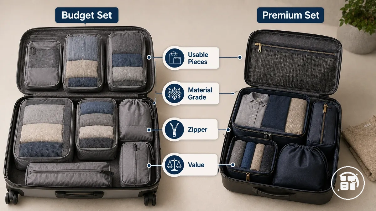 Conjuntos de organizadores de viagem comparados por peças utilizáveis, qualidade do material e sinais de valor