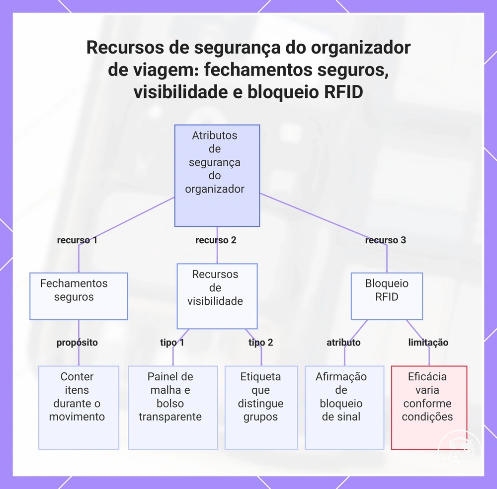 Recursos de segurança do organizador de viagem: fechamentos seguros, visibilidade e bloqueio RFID