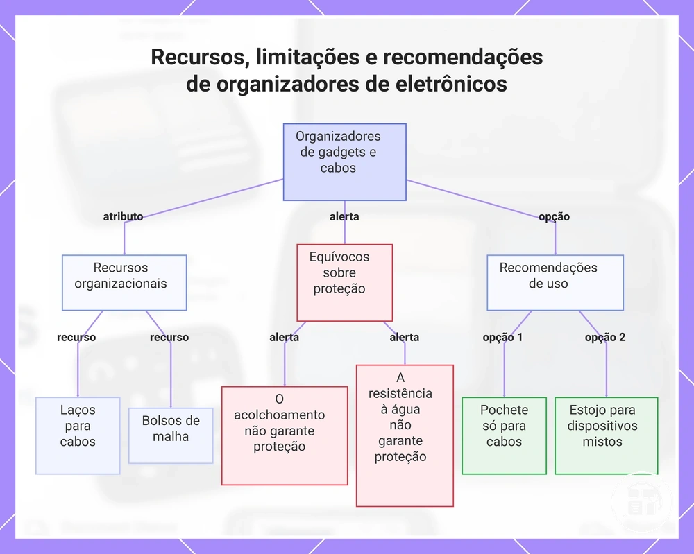 Recursos, limitações e recomendações de organizadores de eletrônicos