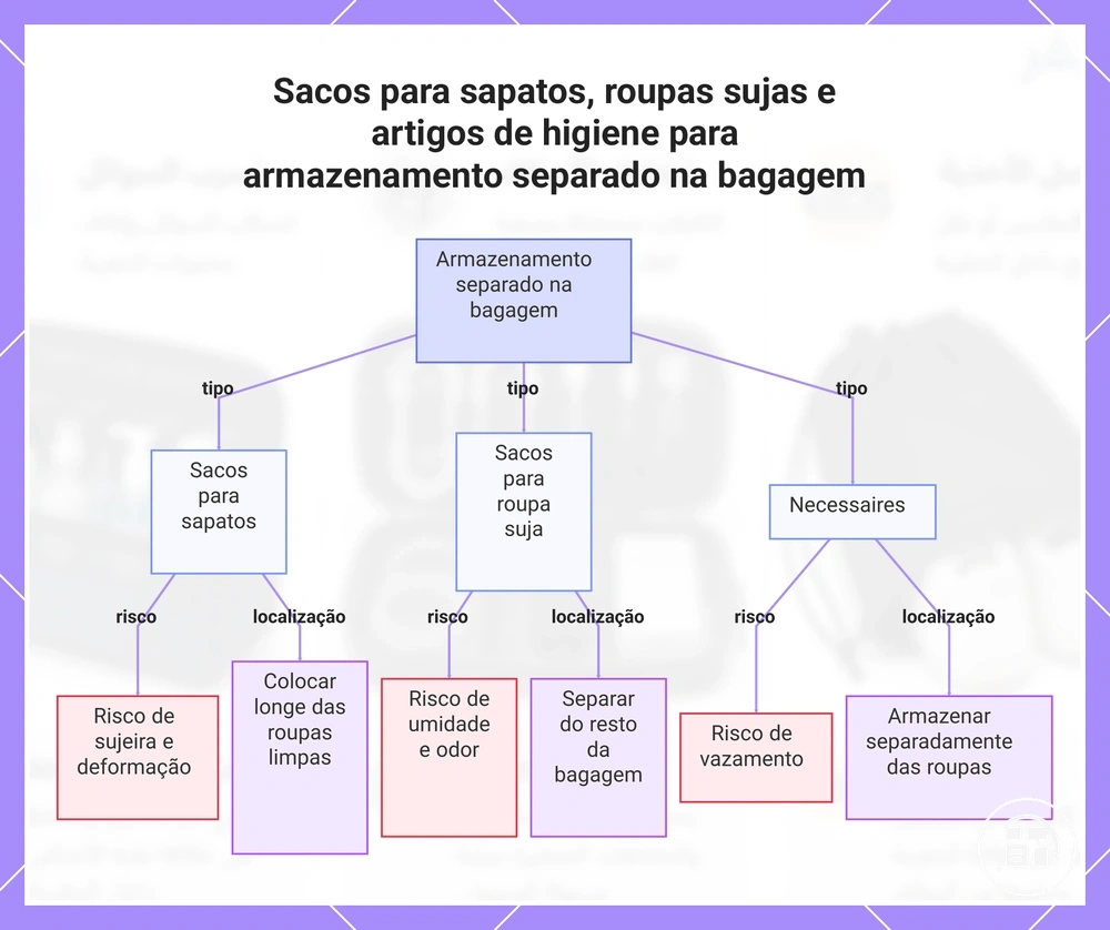 Sacos para sapatos, roupas sujas e artigos de higiene para armazenamento separado na bagagem