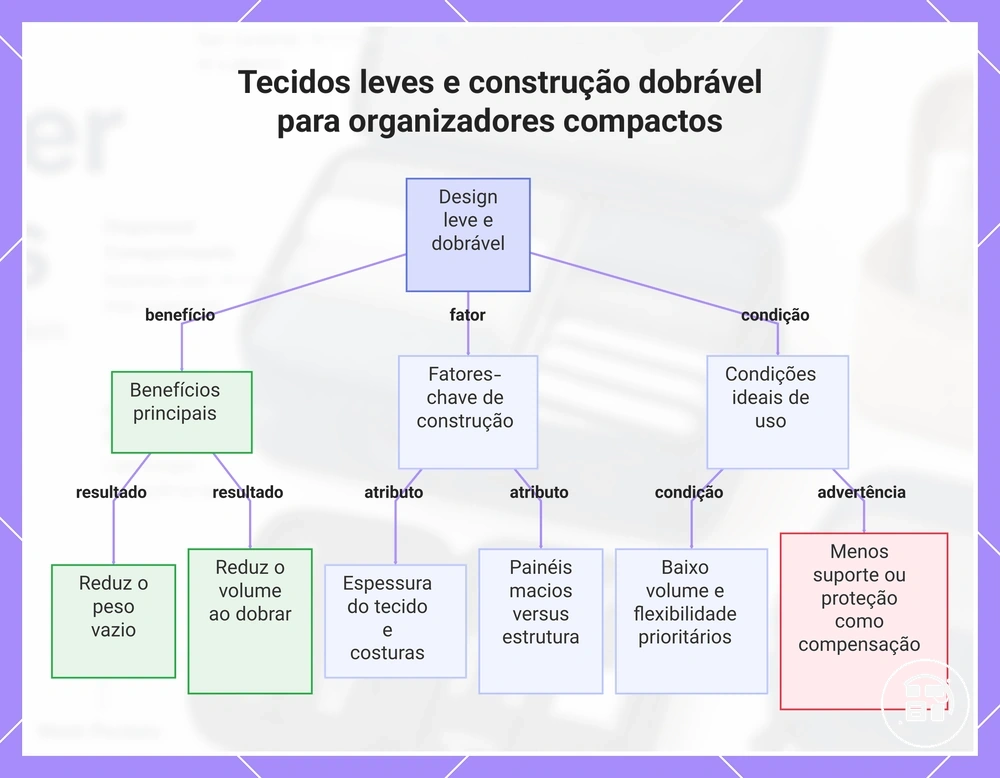 Tecidos leves e construção dobrável para organizadores compactos