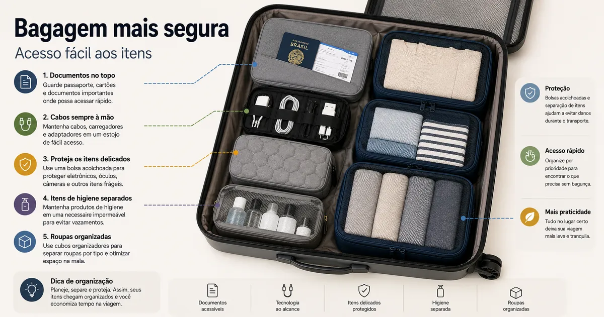 Acessórios para organizar bagagem posicionados para proteger itens e deixar o acesso mais fácil