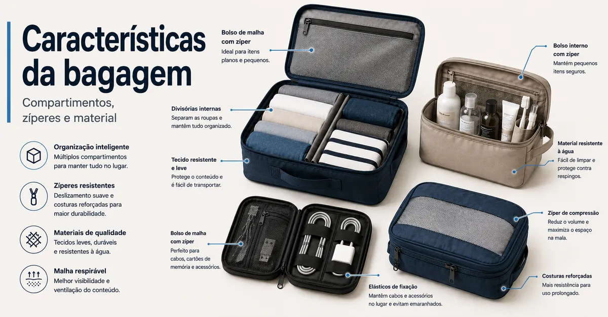 Acessórios para organizar bagagem com compartimentos zíperes e detalhes de material