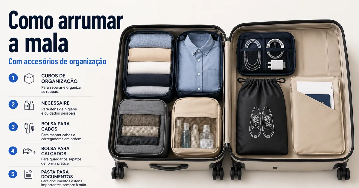 Acessórios de organização colocados dentro de uma mala bem arrumada