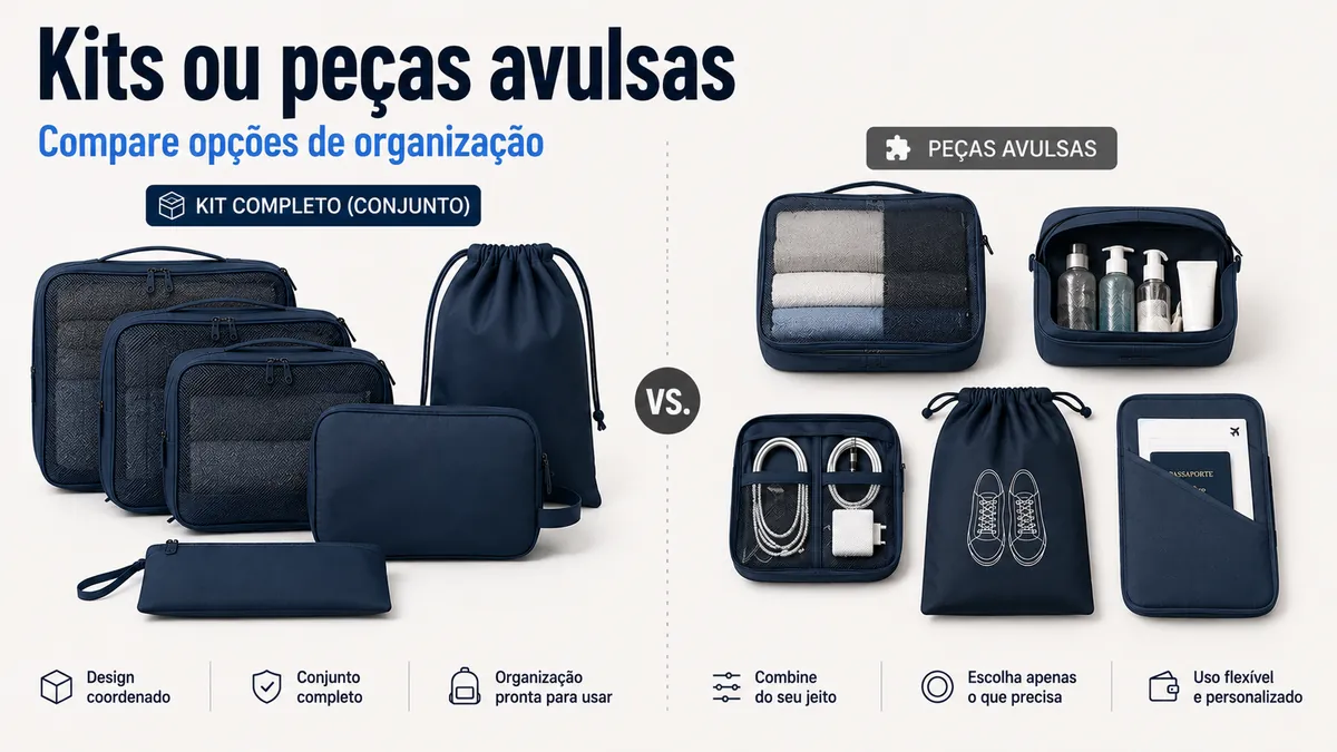 Kit de acessórios para organizar bagagem comparado com organizadores avulsos