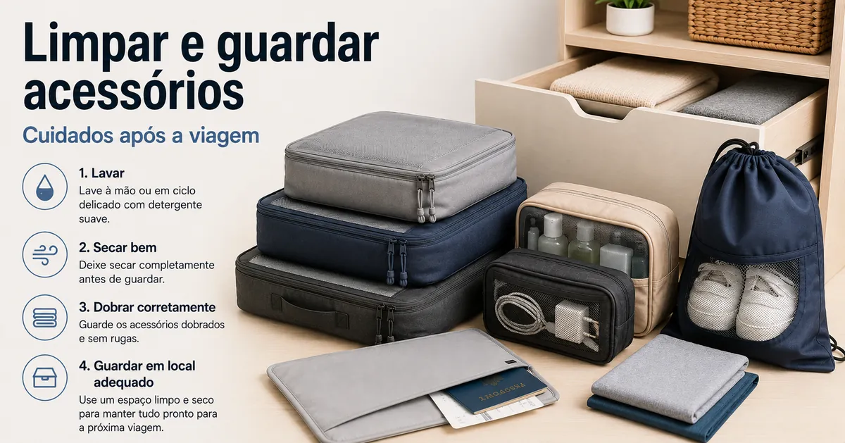 Acessórios para organizar bagagem limpos e guardados de forma ordenada após o uso