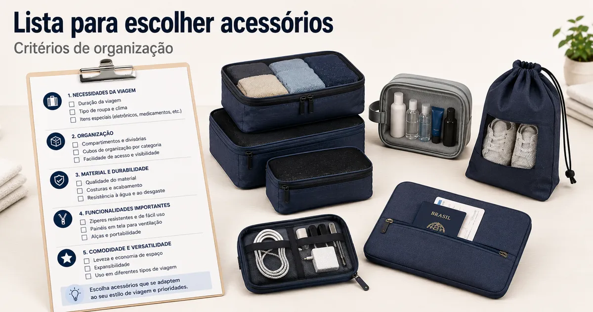 Lista de compra de acessórios para organizar bagagem com critérios de escolha