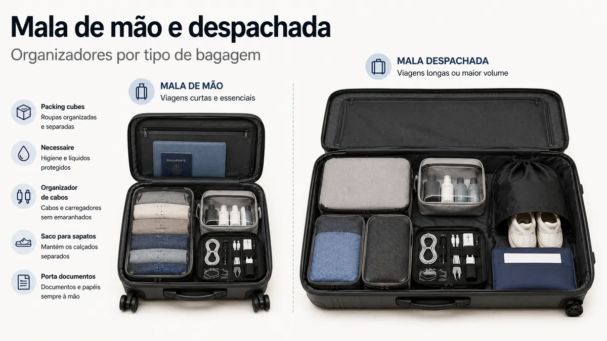Acessórios para organizar bagagem colocados em mala de mão e bagagem despachada