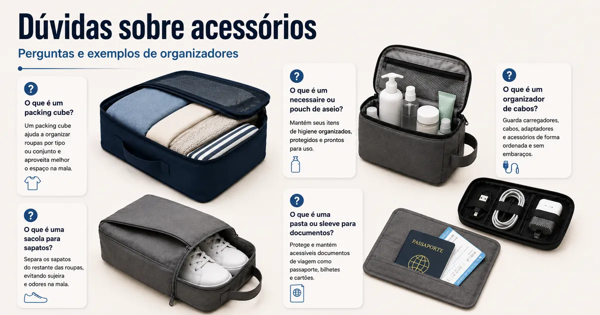 Acessórios para organizar bagagem com dúvidas comuns e exemplos de organizadores